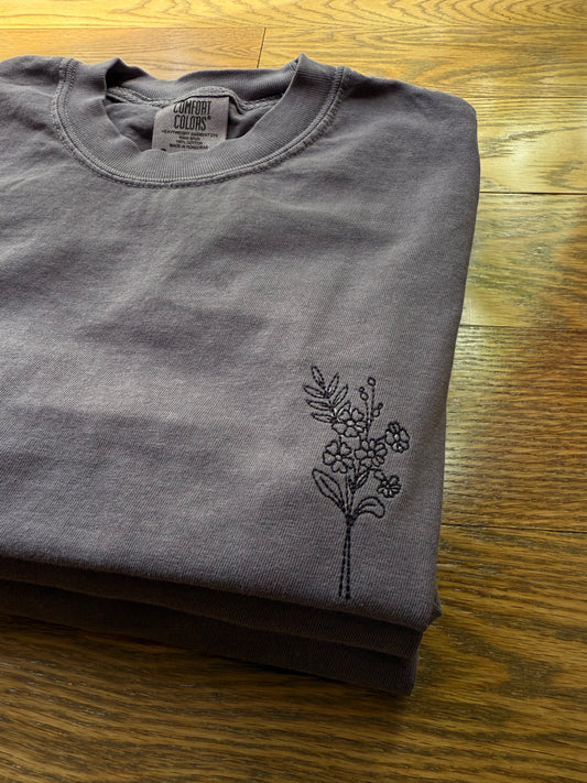 Adult Comfort Colors® Unisex Embroidered Flower T-Shirt | Berry